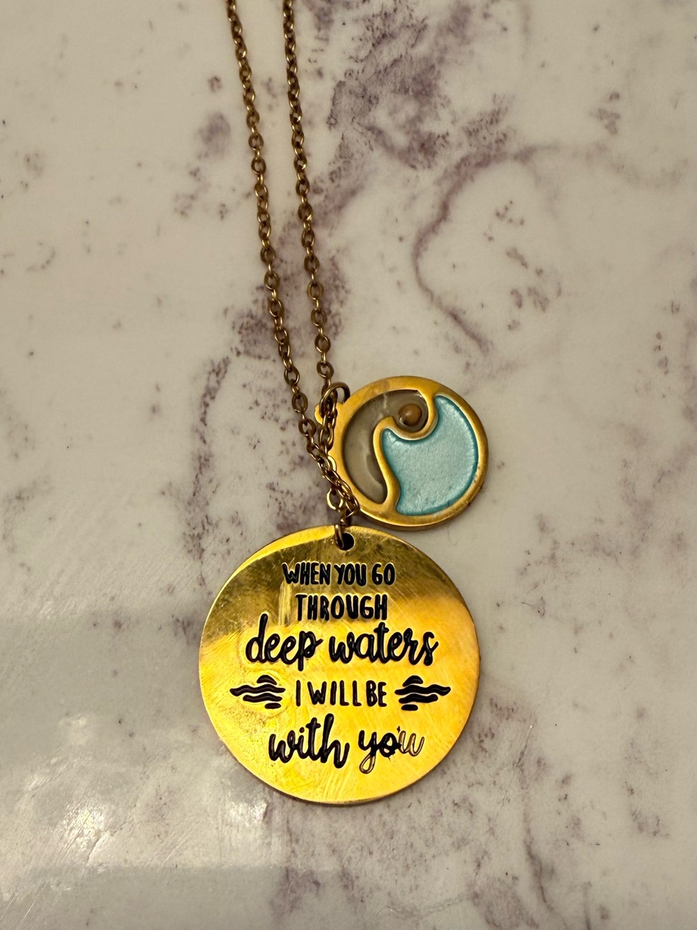 Faith and Joy Gold Inspirational 'Deep Waters' Necklace with Light Blue Accent